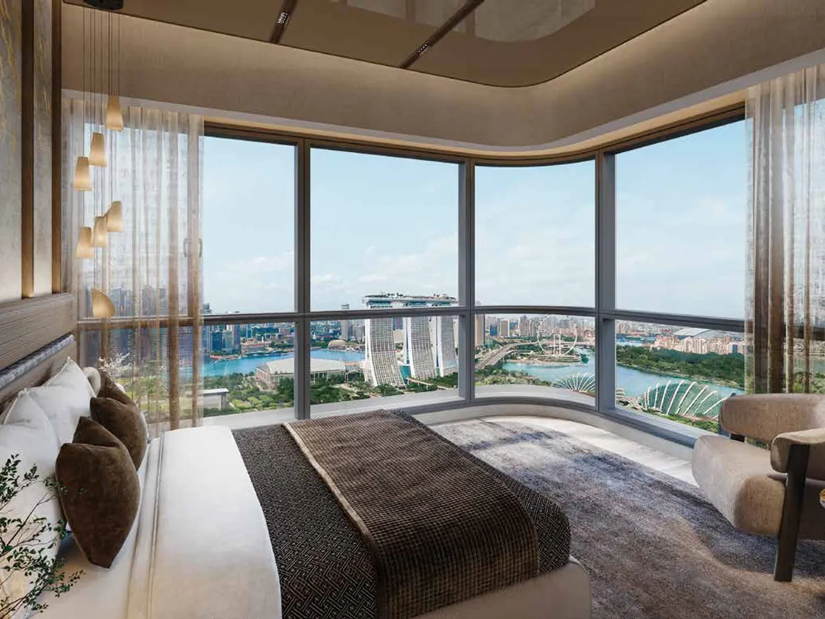 One Marina Gardens bedroom with bay view, for illustration purposes